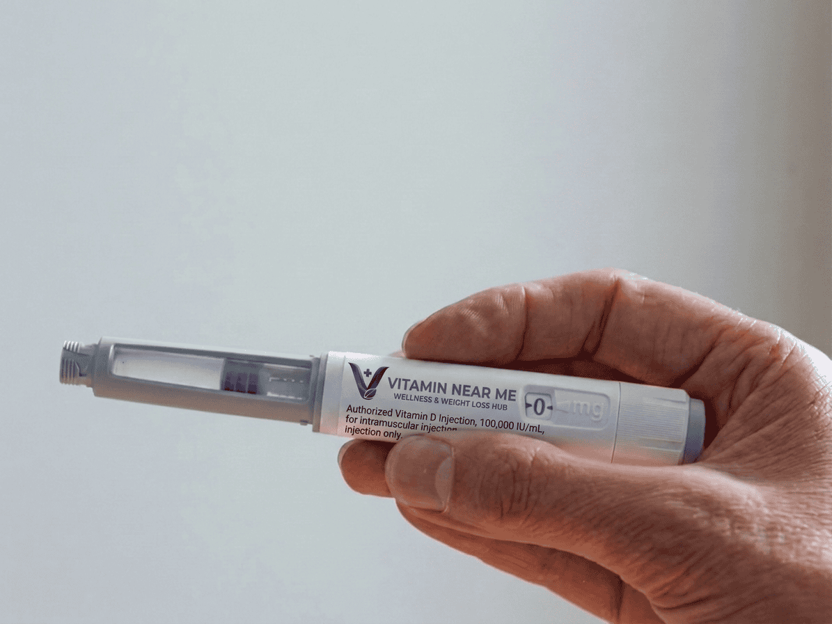 Hand holding an injectable medication pen for weight management treatment