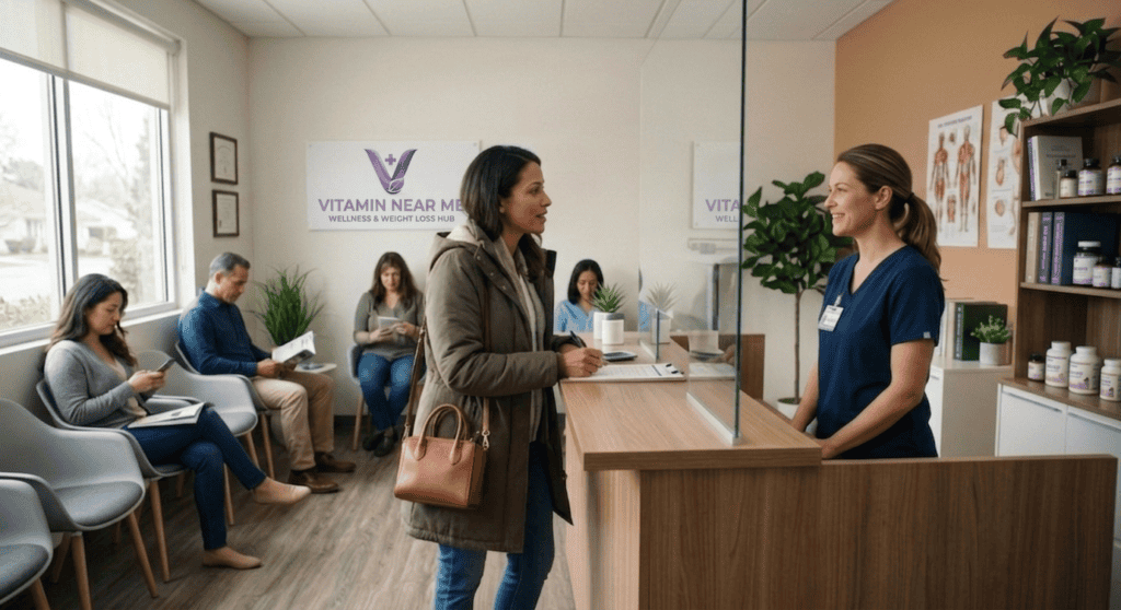 Patient checking in at a wellness clinic reception for an HCG consultation