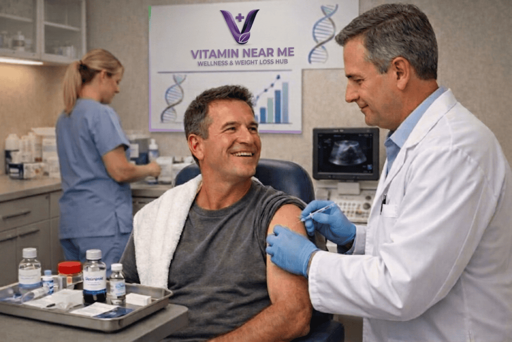 Doctor administering a sermorelin injection during a patient consultation