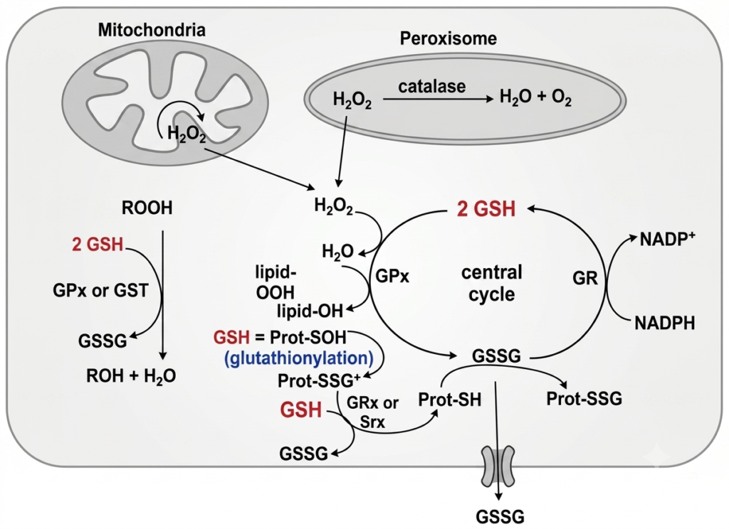 Glutathione antioxidant cycle diagram showing cellular detoxification and oxidative stress protection