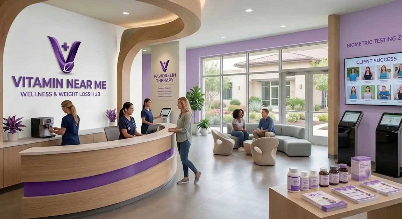 Modern wellness and weight loss clinic reception with consultation and waiting area