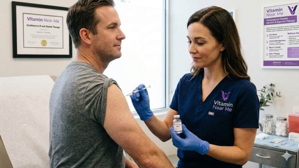 Healthcare provider administering a sermorelin injection during a patient consultation