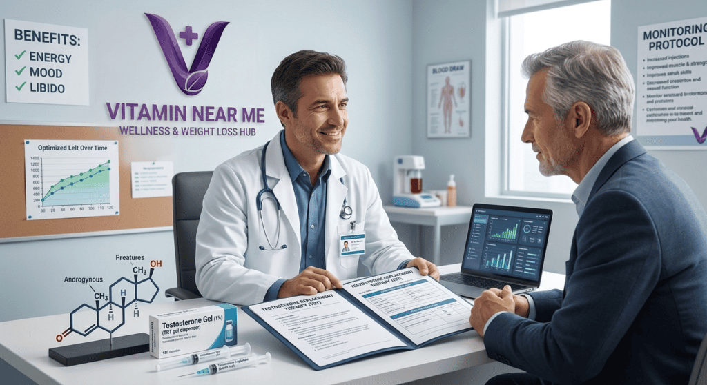 Doctor consulting with a patient about testosterone replacement therapy (TRT)