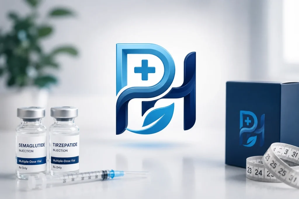Professional Health RX semaglutide and tirzepatide weight loss treatment comparison with medical vials and syringe